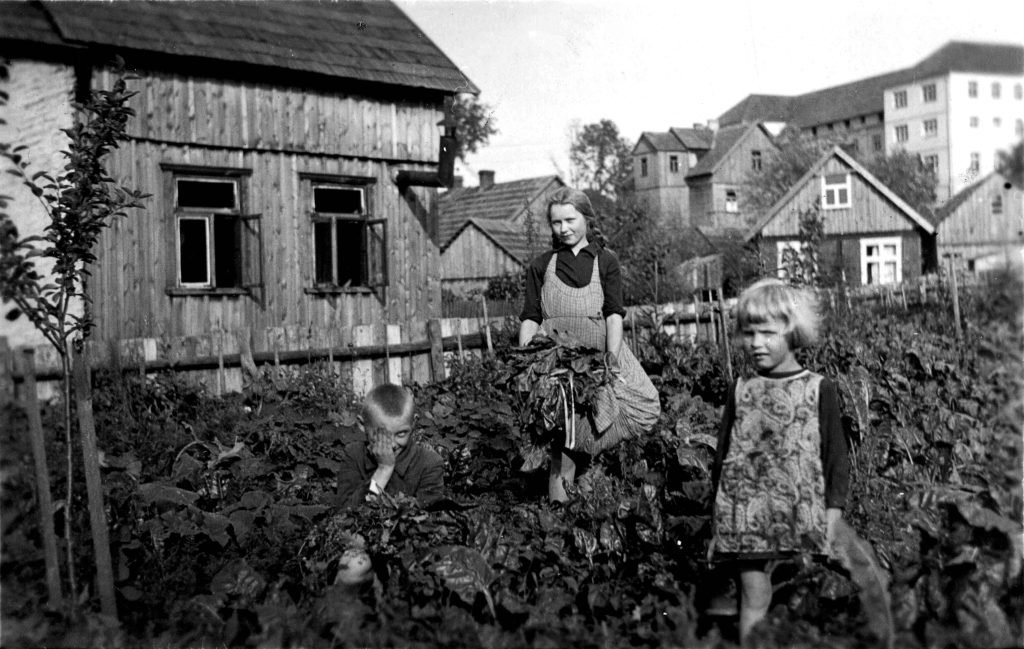 Vytautas, Liuda ir Rūta Pabrėžos (iš kairės) savo darže. Už tvoros miesto pirtis ir kiti per gaisrą sudegę pastatai.  1940 m. Autoriaus archyvas