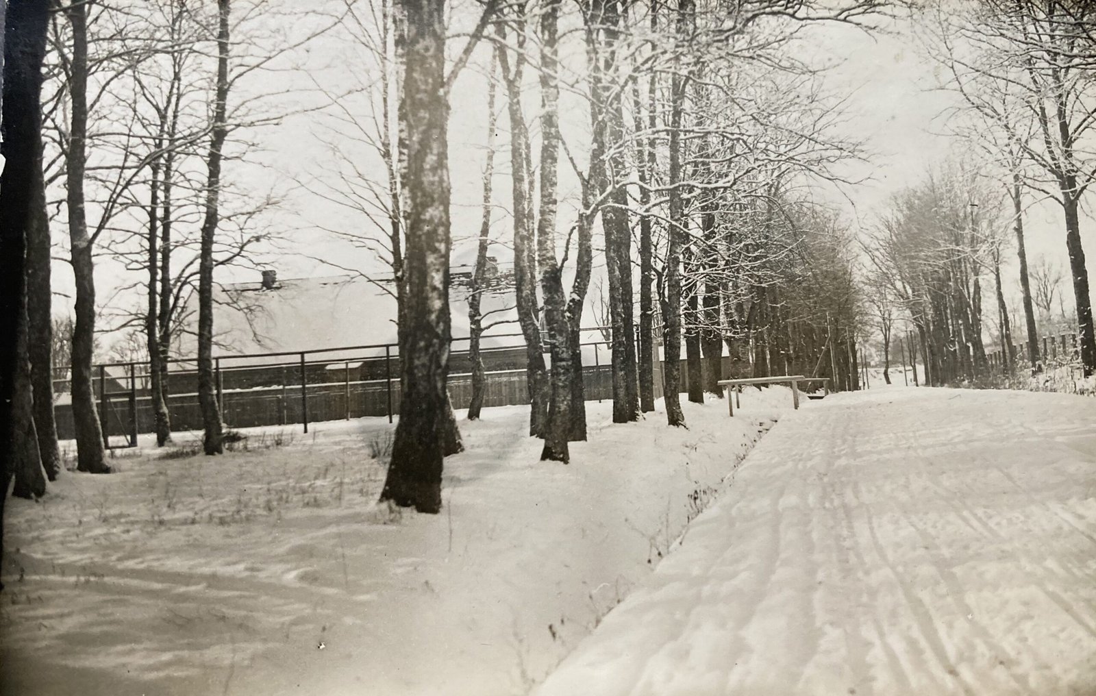 Šaulių (Žemaitės) alėja žiemą, žvelgiant į Vilniaus gatvės pusę. Kairėje – poilsio parkas su teniso aikštynu. XX a. 4-as dešimtmetis. Marijono Daujoto nuotr.